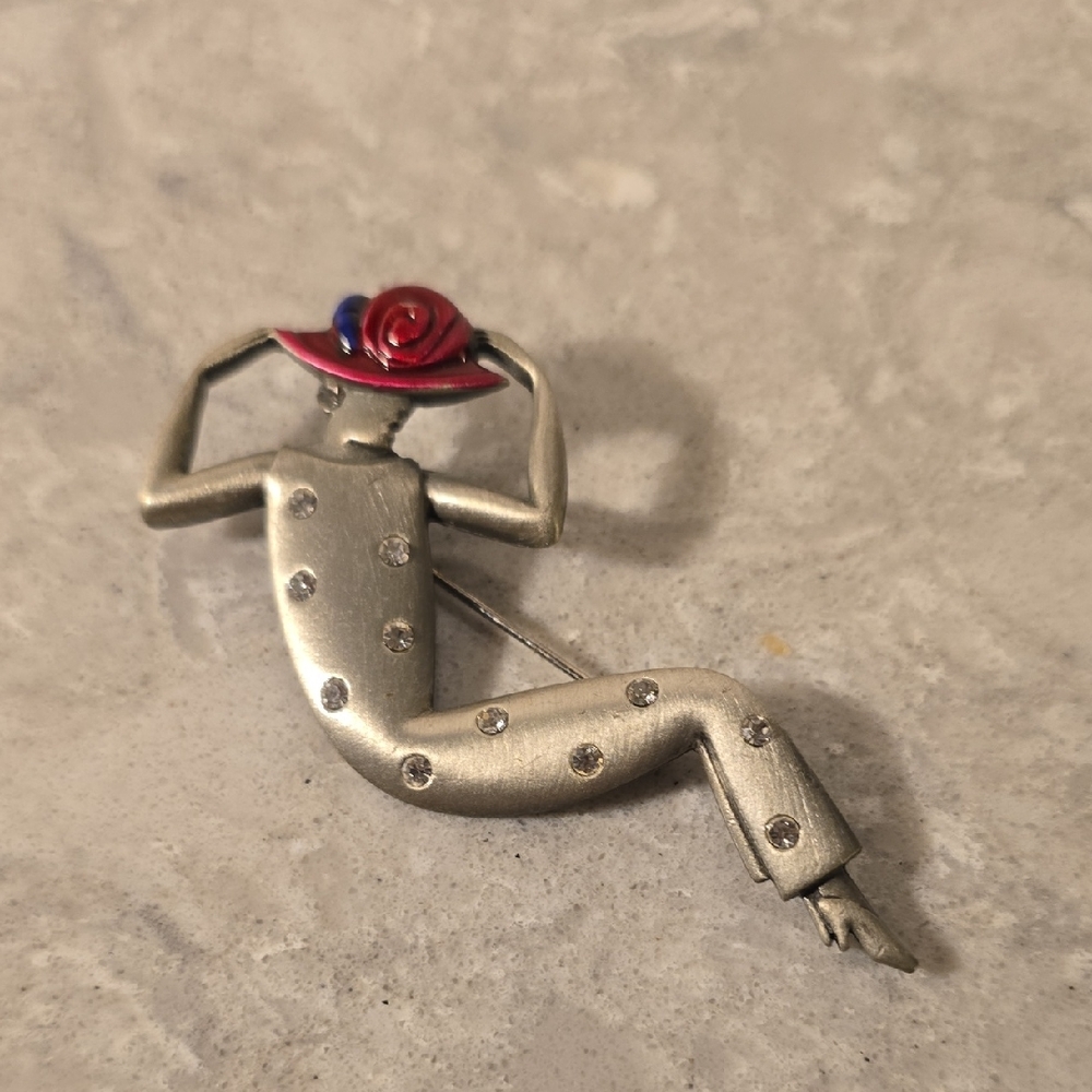 Vintage JJ Red Hat Lady Brooch Rhinestones Brooch 3” Long Silver Tone